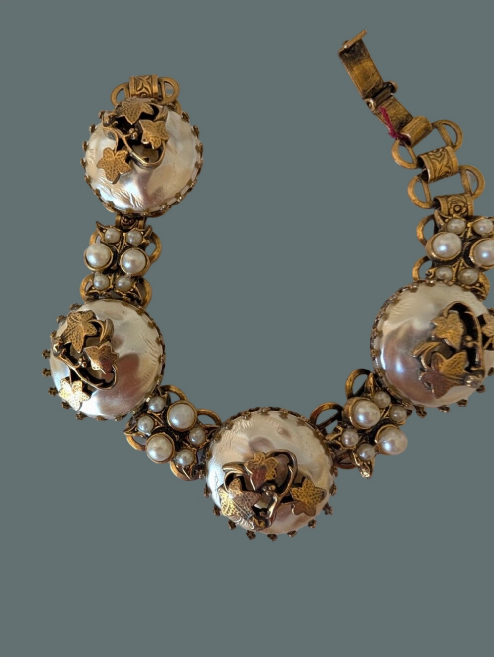 Vintage Pearl and Gold-Tone Dome Chunky Link Statement Bracelet
